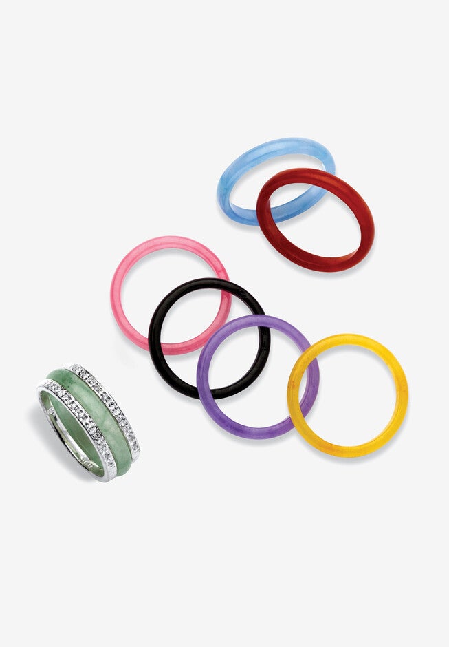 Sterling Silver Multi-Color Jade 8 Piece Interchangeable Ring Set Jewelry, JADE, hi-res image number null