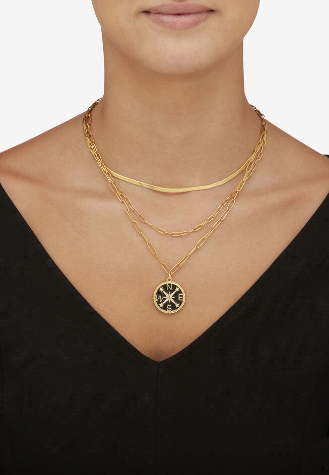 Yellow Gold Ion-Plated Stainless Steel 3-Strand Layered Necklace Set With Compass Pendant, , alternate image number null