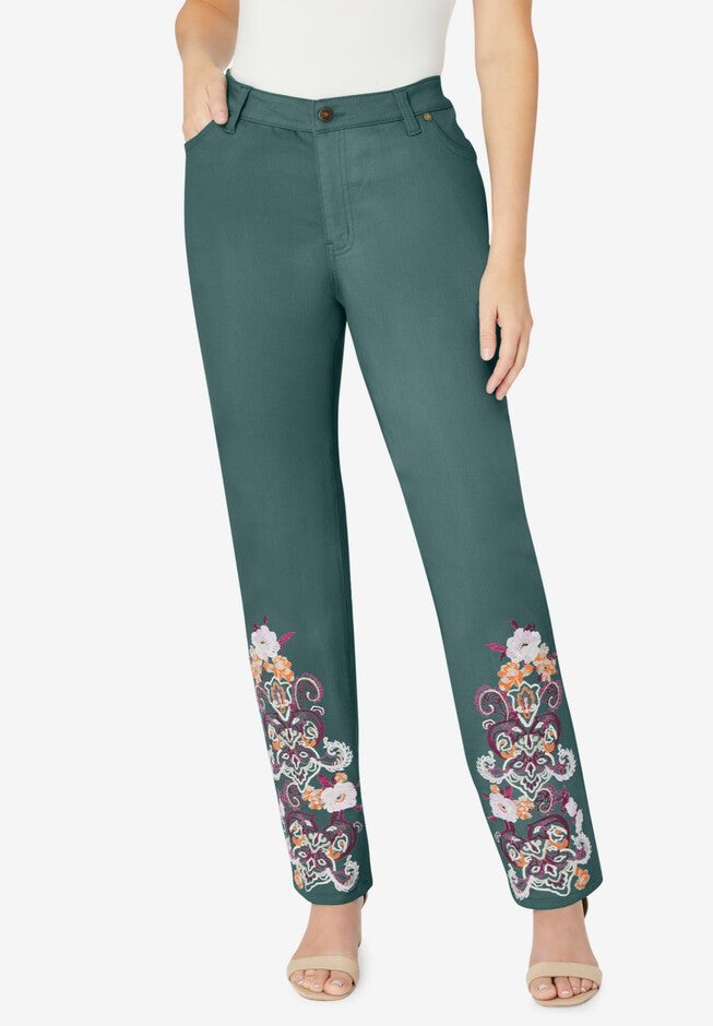 Invisible Stretch® Contour Paisley-Embroidered Straight-Leg Jean., DEEP SAGE PAISLEY EMBROIDERY, hi-res image number null