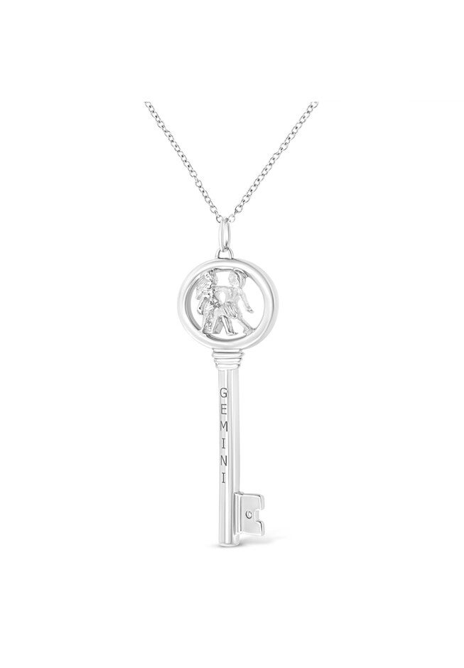 Sterling Silver Diamond Accent Gemini Zodiac Key Pendant Necklace, , alternate image number null