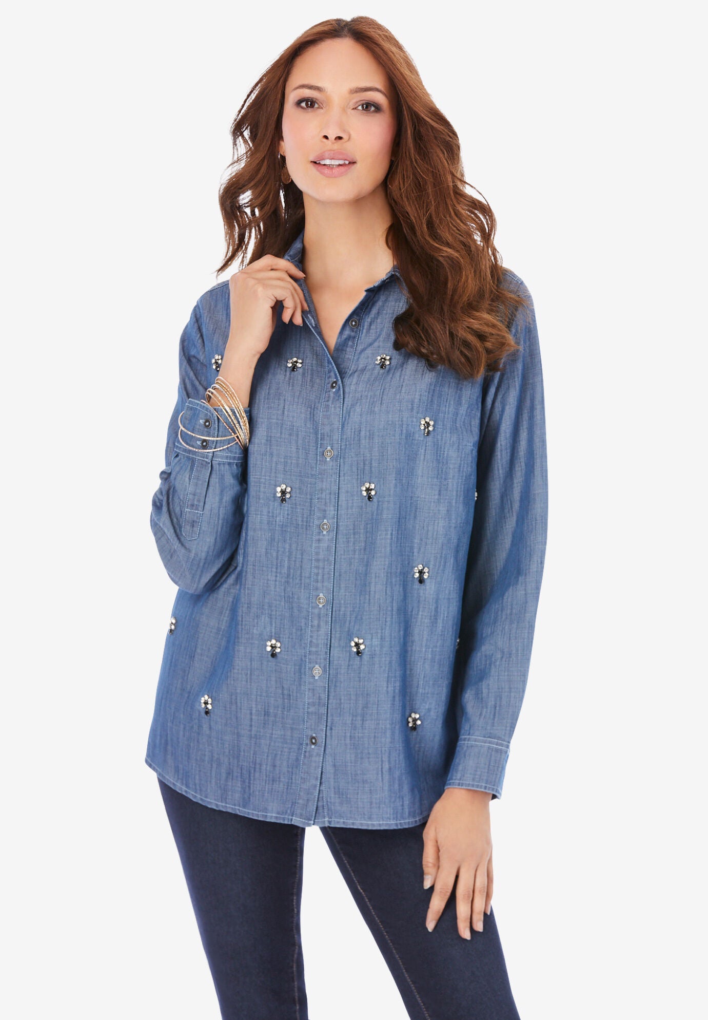 Gem Stud Big Shirt, STONEWASH, hi-res image number 0