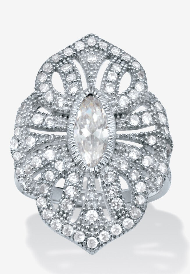 1.52 Tcw Marquise Cut Cubic Zirconia Silvertone Art Deco Ring, SILVER, hi-res image number null