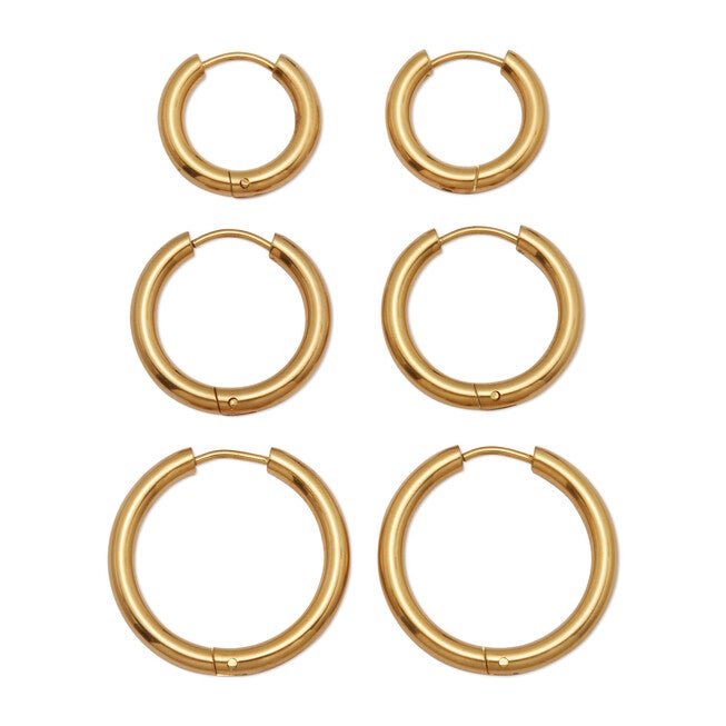 3-Pair Gold Ion-Plated Stainless Steel Hoops, 7/10-inch, 4/5-inch and 1-inch, YELLOW, on-hover image number null
