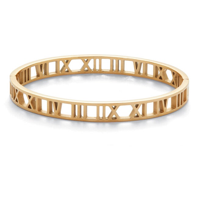 Roman Numeral Gold Ion-Plated Stainless Steel Bangle Bracelet, YELLOW, hi-res image number 0