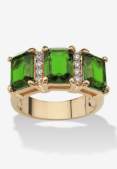 Yellow Gold-Plated Emerald Cut 3 -Stone Simulated Birthstone & CZ Ring, AUGUST, hi-res image number null