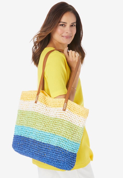 Color Block Straw Tote, PRIMROSE YELLOW MULTI CABANA STRIPE, hi-res image number null