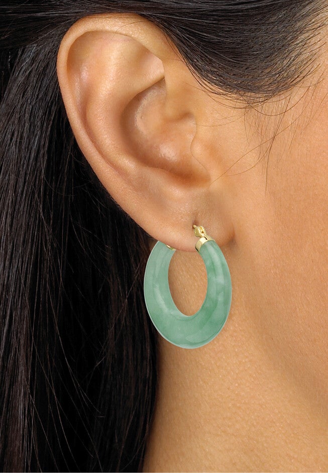 Goldtone Over Sterling Silver Genuine Green Jade Hoop Earrings (31Mm) Jewelry, , alternate image number null