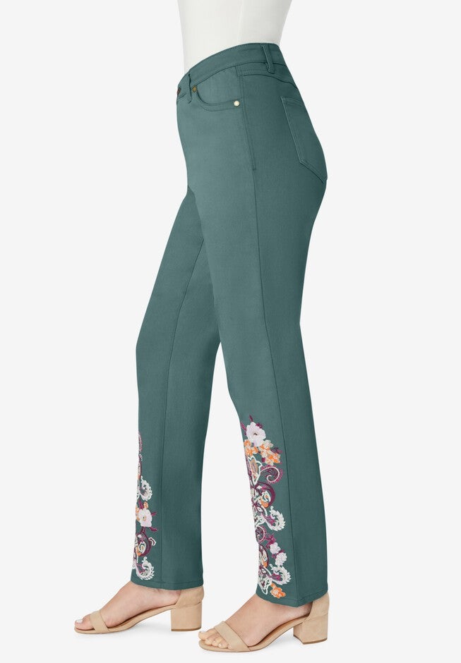 Invisible Stretch® Contour Paisley-Embroidered Straight-Leg Jean., , alternate image number null