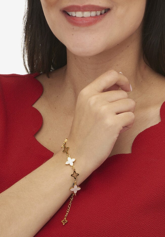 Genuine Mother Of Pearl Gold Ion-Plated Stainless Steel Clover Jewelry Set, , alternate image number null