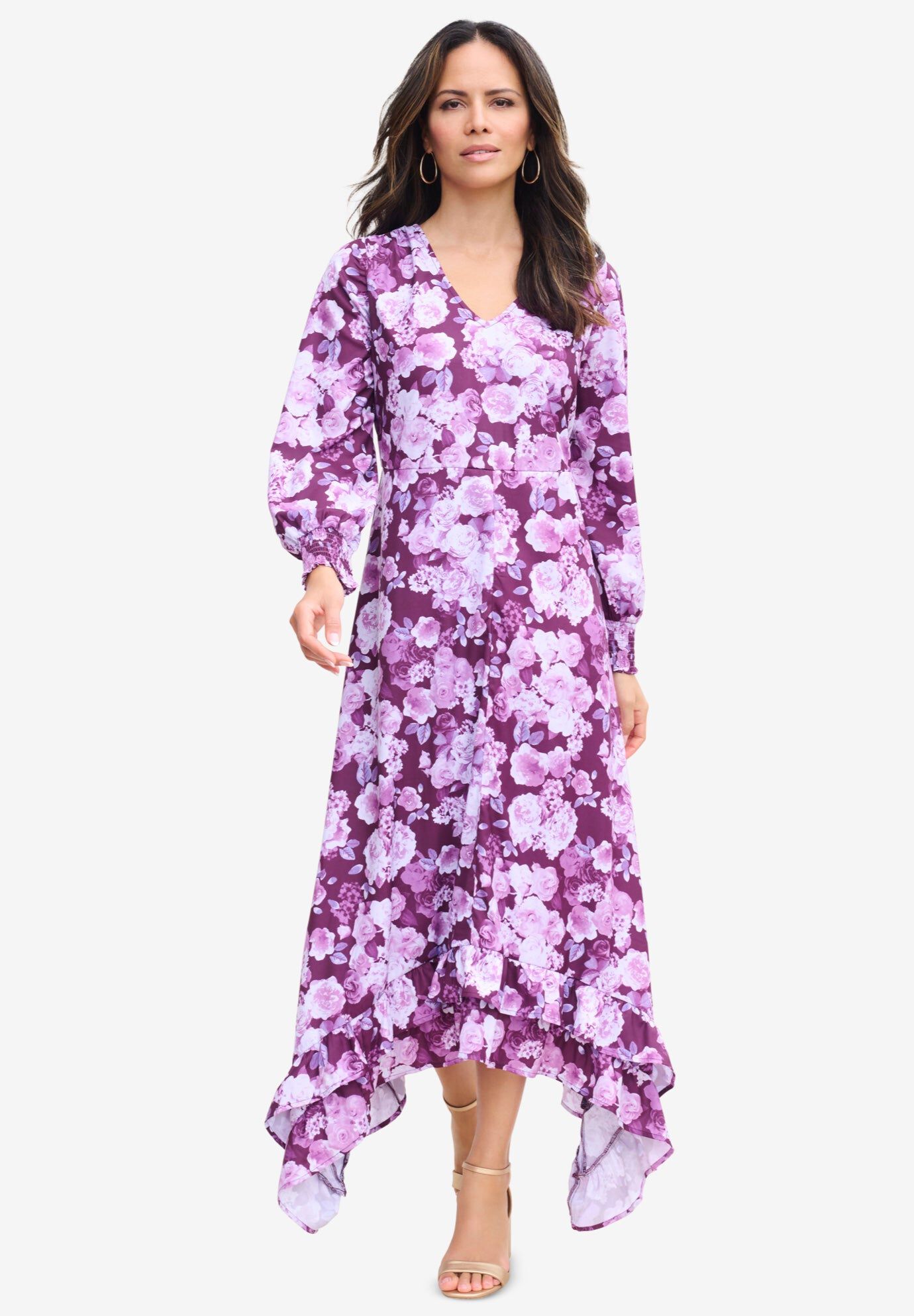 Blouson-Sleeve Ruffle Maxi Dress, DARK BERRY ROSE GARDEN, hi-res image number 0