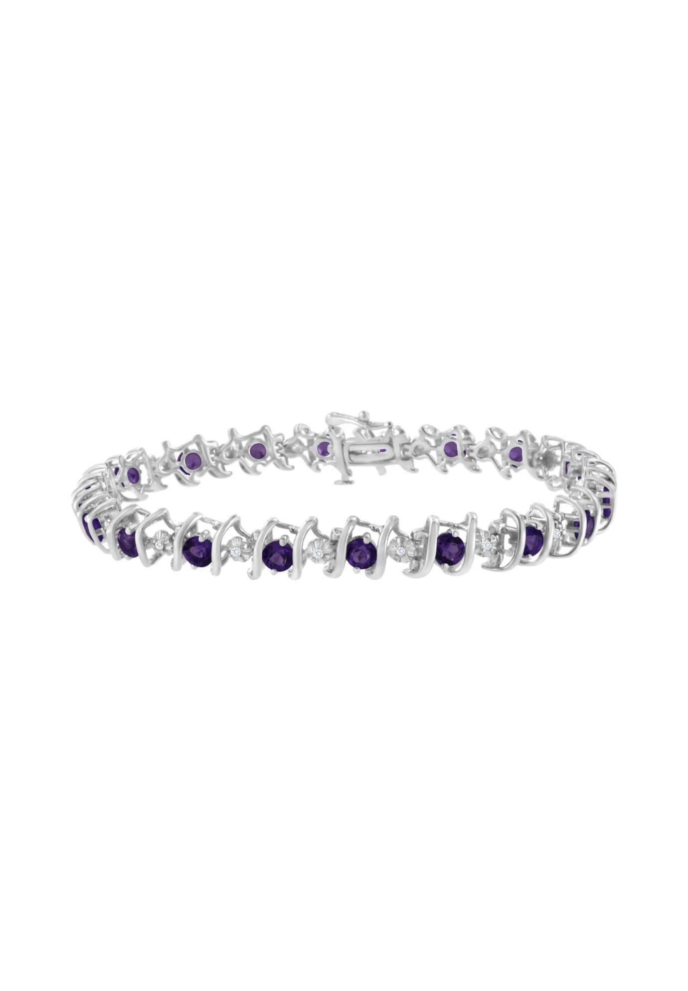 Sterling Silver Gemstone & Round Diamond Tennis Bracelet Purple Amethyst February Birthstone, WHITE, hi-res image number 0