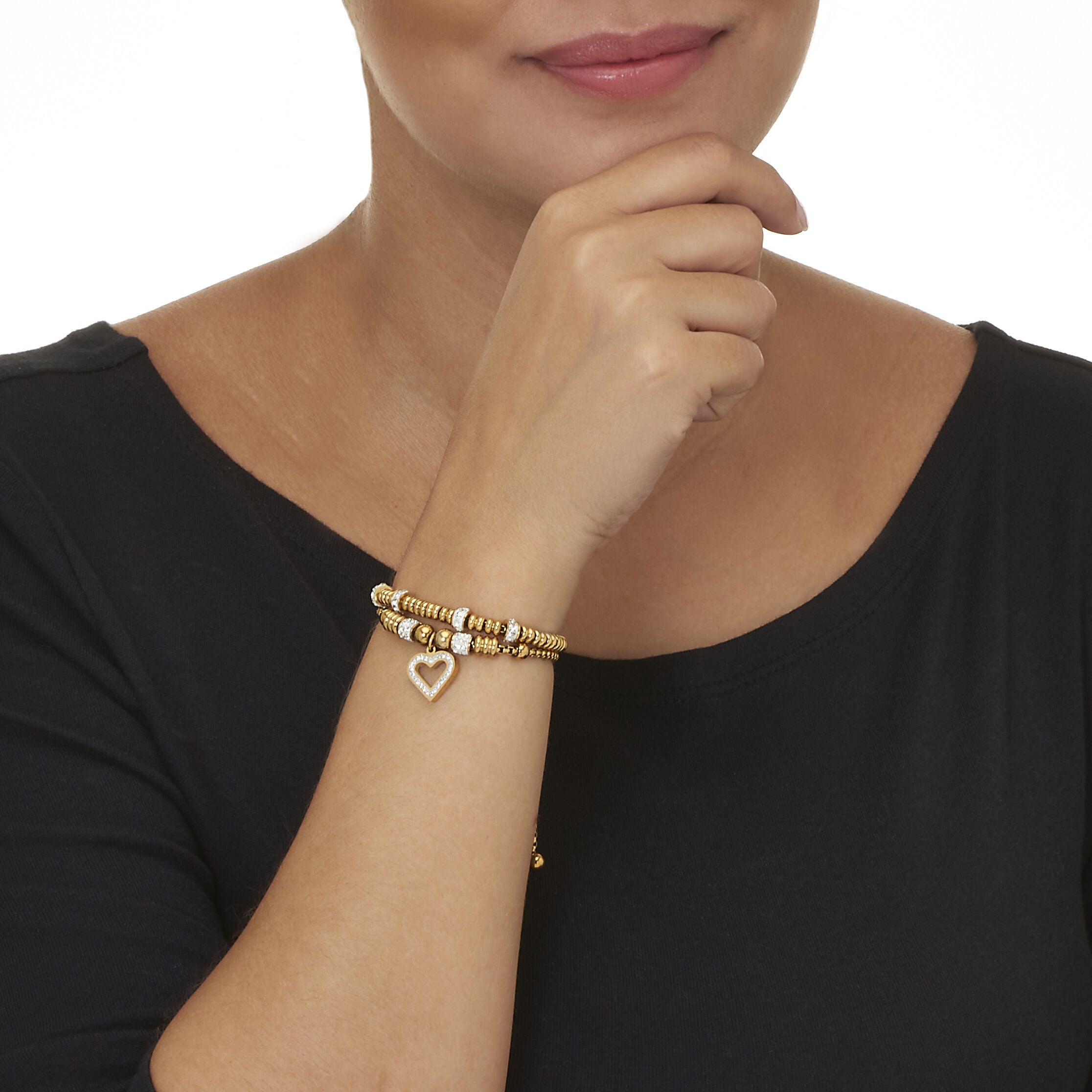 Round Crystal Gold Ion-Plated Stainless Steel Heart Charm Bracelet Set 7-inch, WHITE, alternate image number 2