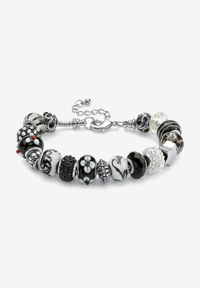 Silver Tone Antiqued Bali Style Bead Charm Bracelet, Crystal 8 inches Jewelry, CRYSTAL, hi-res image number null