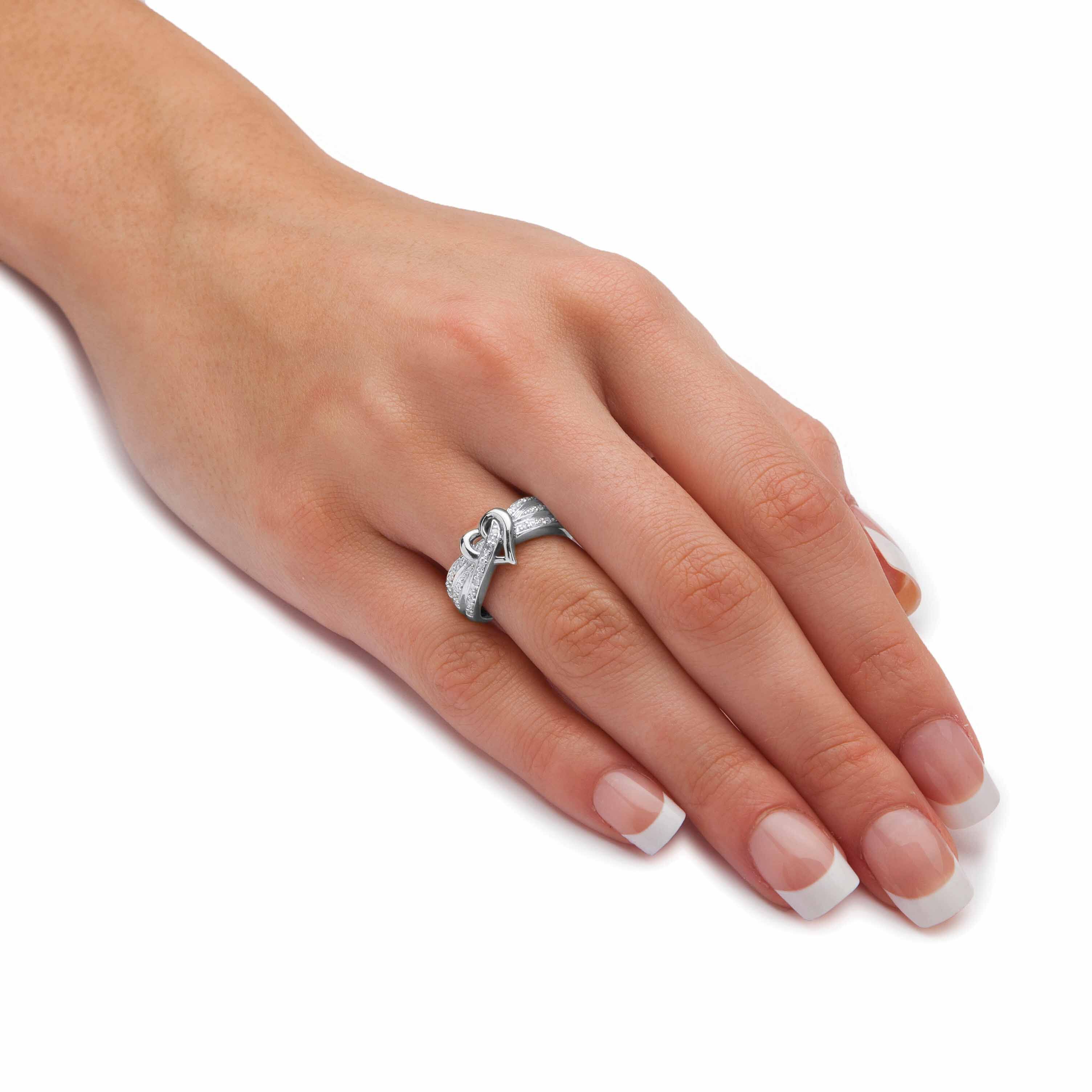 1/10 TCW Diamond Crossover Heart Ring in Platinum-plated Sterling Silver, WHITE, alternate image number 2