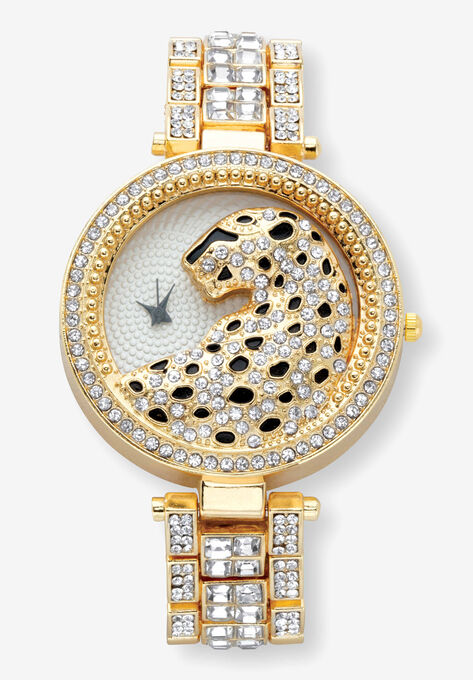 Gold Tone Crystal Leopard Fashion Watch 7.5 inches, GOLD, hi-res image number null