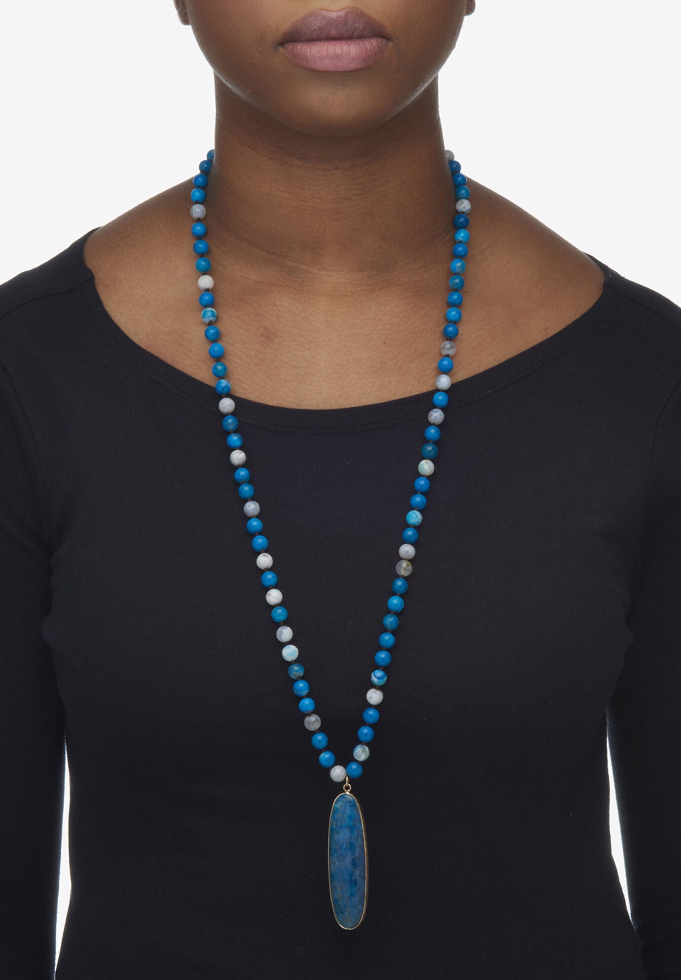 Genuine Blue Agate Cabochon Goldtone Drop Necklace, 34 Inches, , alternate image number 2