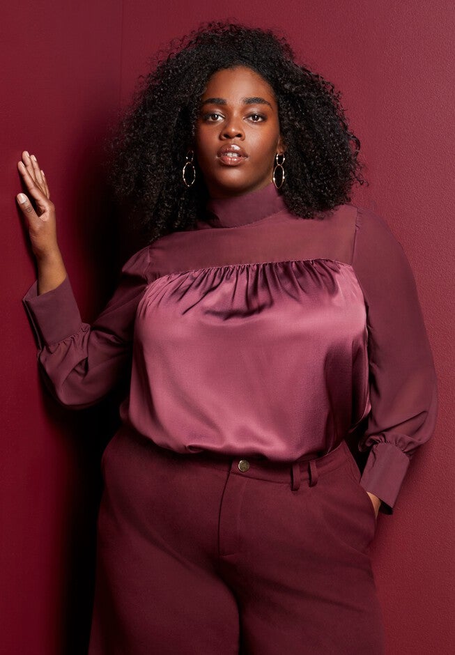 Satin Mockneck Blouse, MAROON BANNER, hi-res image number null