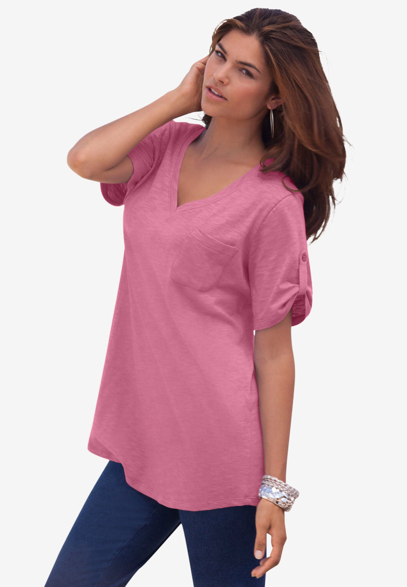 Plus Size Slub V-Neck Boyfriend Tunic Top, VINTAGE ROSE, on-hover image number 1
