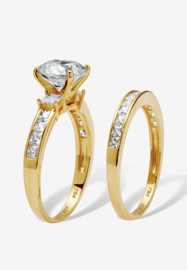 3.34 Tcw Round Cubic Zirconia 14K Gold-Plated Sterling Silver Bridal Ring Set, , on-hover image number null