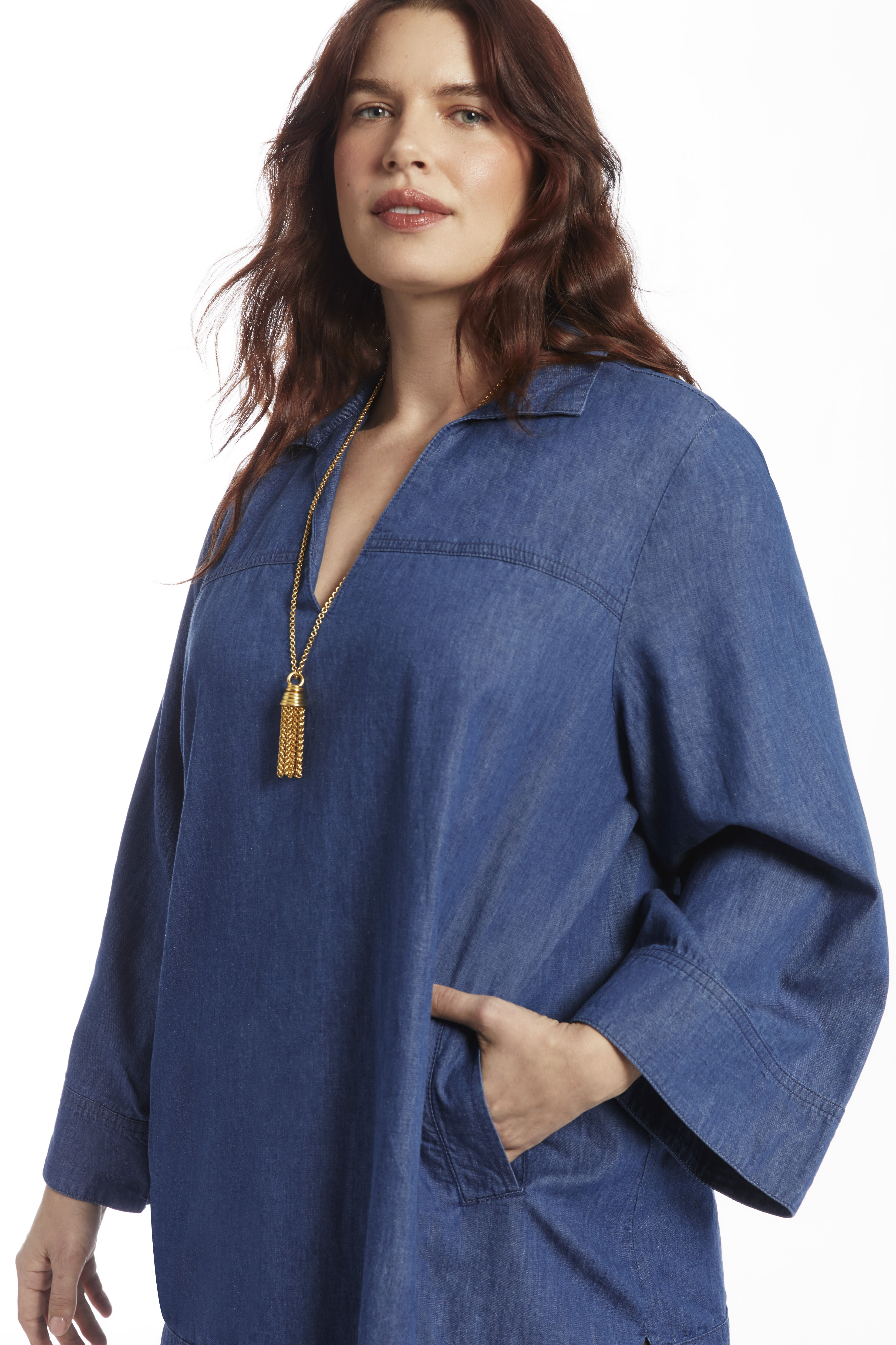 Cotton Denim Blouse, MEDIUM WASH, alternate image number 3