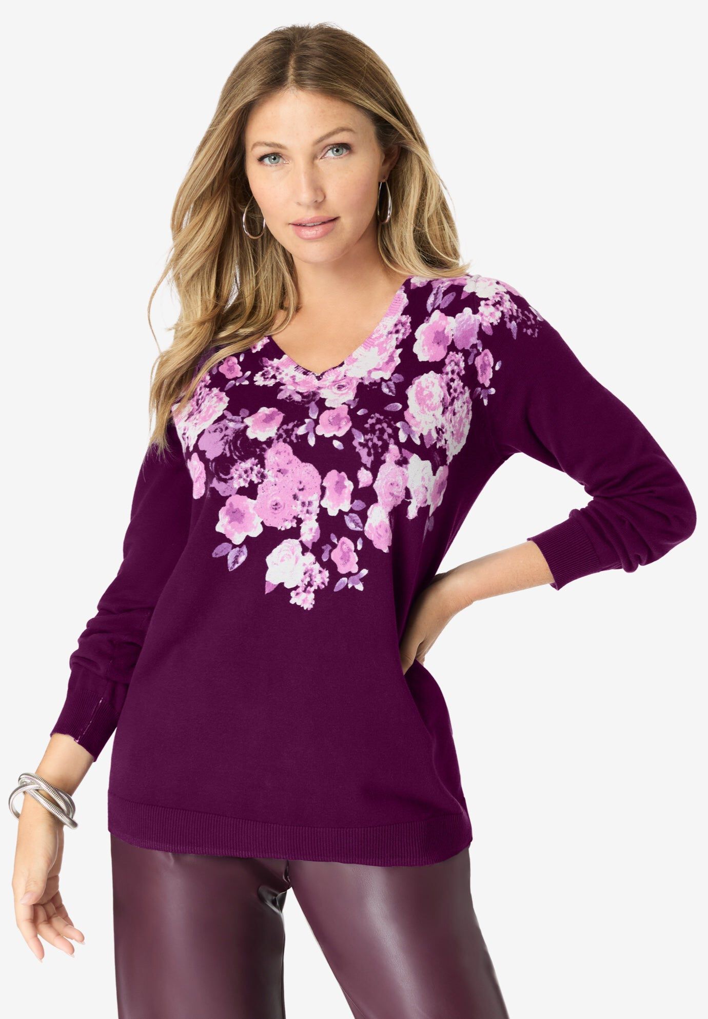 Printed Crewneck Sweater, DARK BERRY SEQUIN, hi-res image number 0