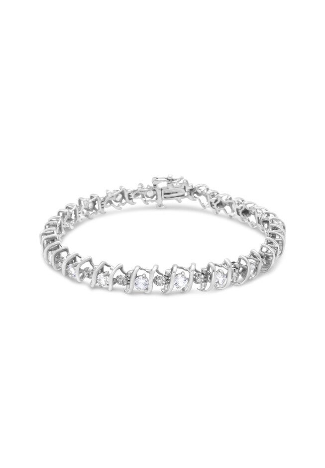 Sterling Silver Gemstone & Round Diamond Tennis Bracelet White Sapphire April Birthstone, WHITE, hi-res image number null