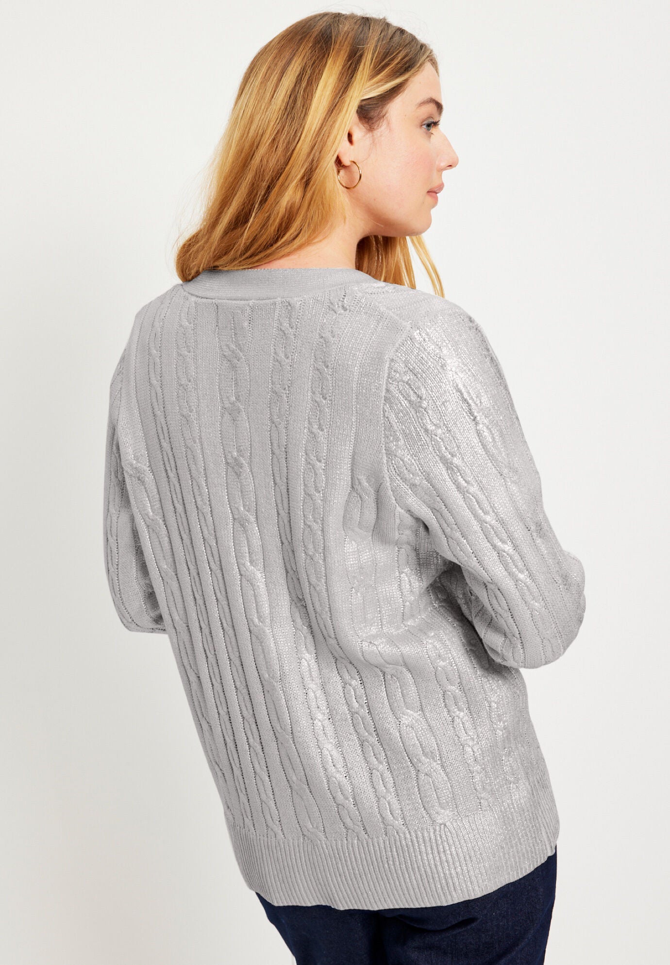 Metallic Cable-Knit Cardigan, , on-hover image number 1