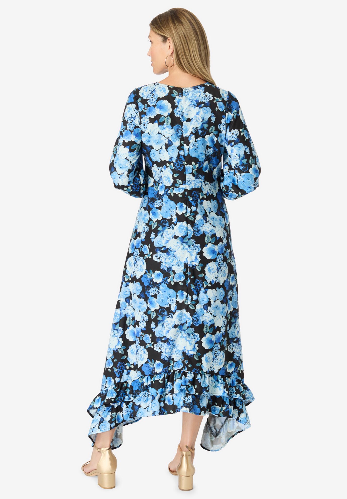 Blouson-Sleeve Ruffle Maxi Dress, DARK BERRY ROSE GARDEN, on-hover image number 1