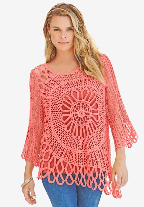 Starburst Crochet Sweater, SUNSET CORAL, hi-res image number null