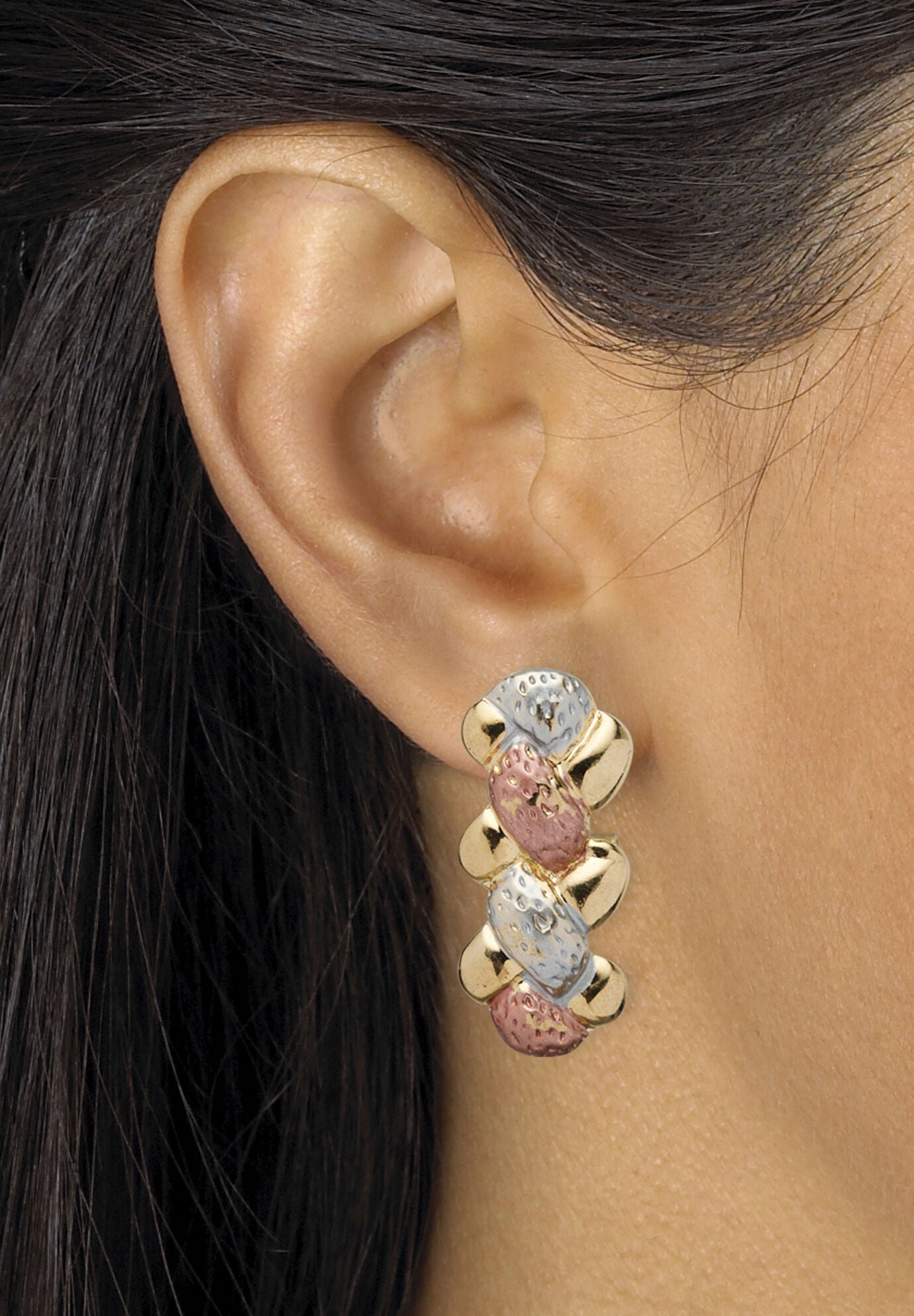 Tri Tone Goldtone Rosetone Silvertone Interlocking Link Necklace, Bracelet And Earring Set, 17 Inches Jewelry, , alternate image number 3