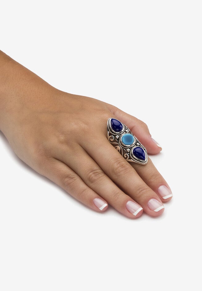 Simulated Turquoise And Sapphire Antiqued .925 Silver Boho Scroll Ring Jewelry, , alternate image number null
