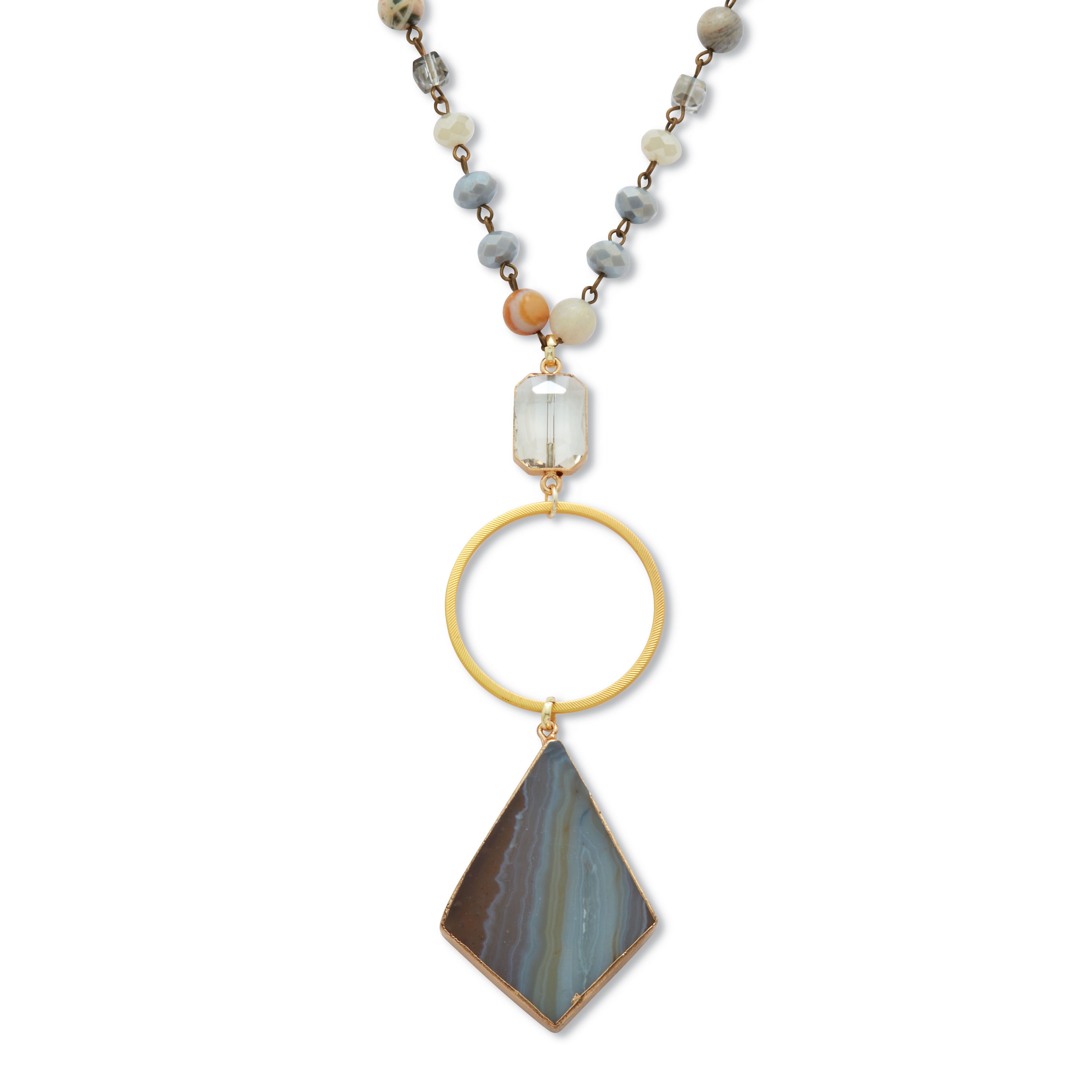 Genuine Brown Agate and Crystal Goldtone Drop Necklace 28-inch, BROWN, hi-res image number 0
