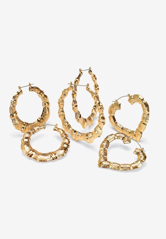 Gold Tone 3 Pair Bamboo Hoop Earring Set, GOLD, hi-res image number null