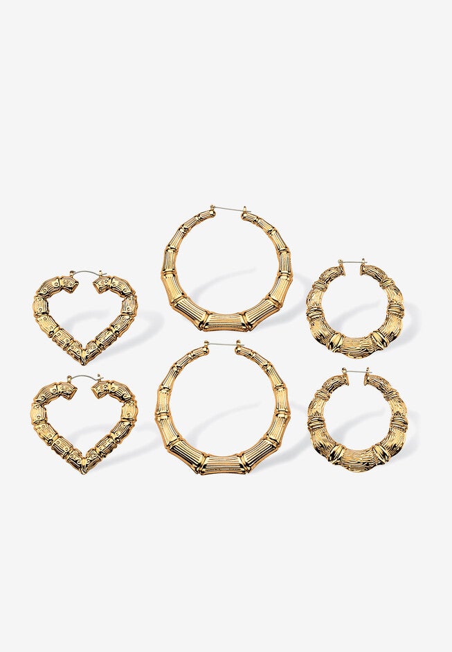 Gold Tone 3 Pair Bamboo Hoop Earring Set, , on-hover image number null