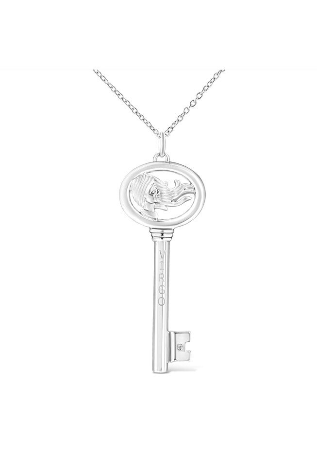 Sterling Silver Diamond Accent Virgo Zodiac Key Pendant Necklace, WHITE, hi-res image number 0