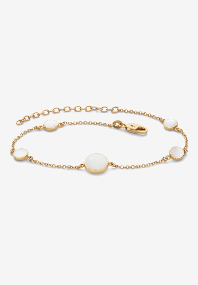 Gold Over Sterling Silver Round Genuine Mother Of Pear Lankle Bracelet, PEARL, hi-res image number null