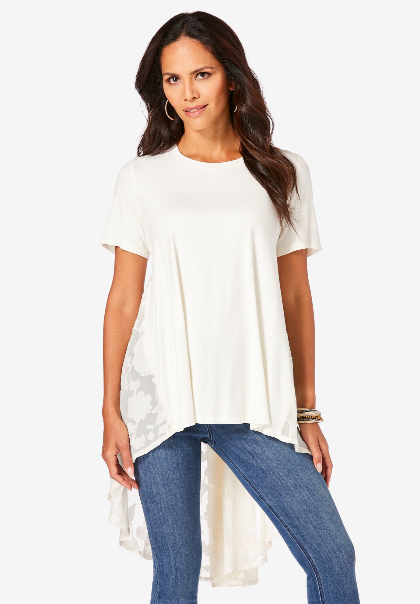 Georgette-Back Ultra Femme Tunic, IVORY FLORAL, hi-res image number 0