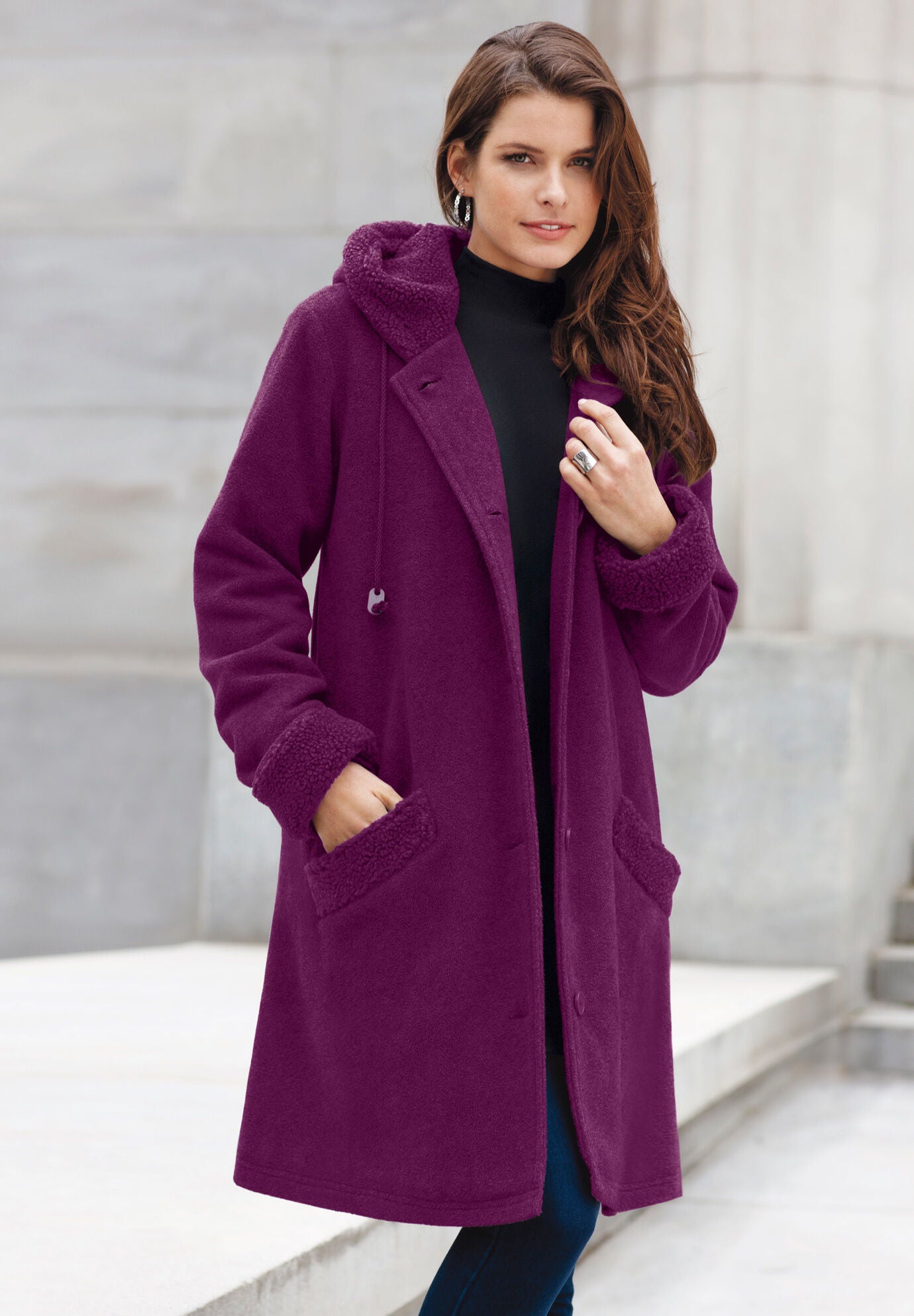 Jessica long length jacket with shawl collar hood store