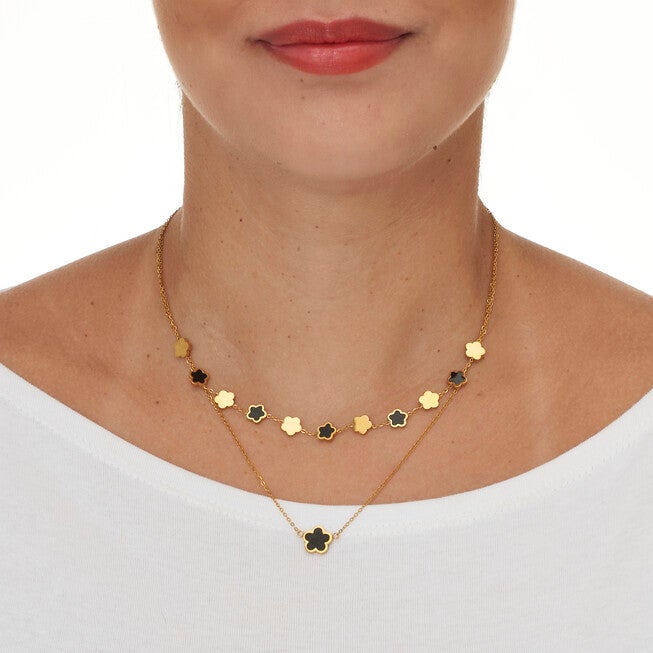 Genuine Black Onyx Gold Ion-Plated Stainless Steel Clover Necklace 17 to 19-inch, BLACK, alternate image number null