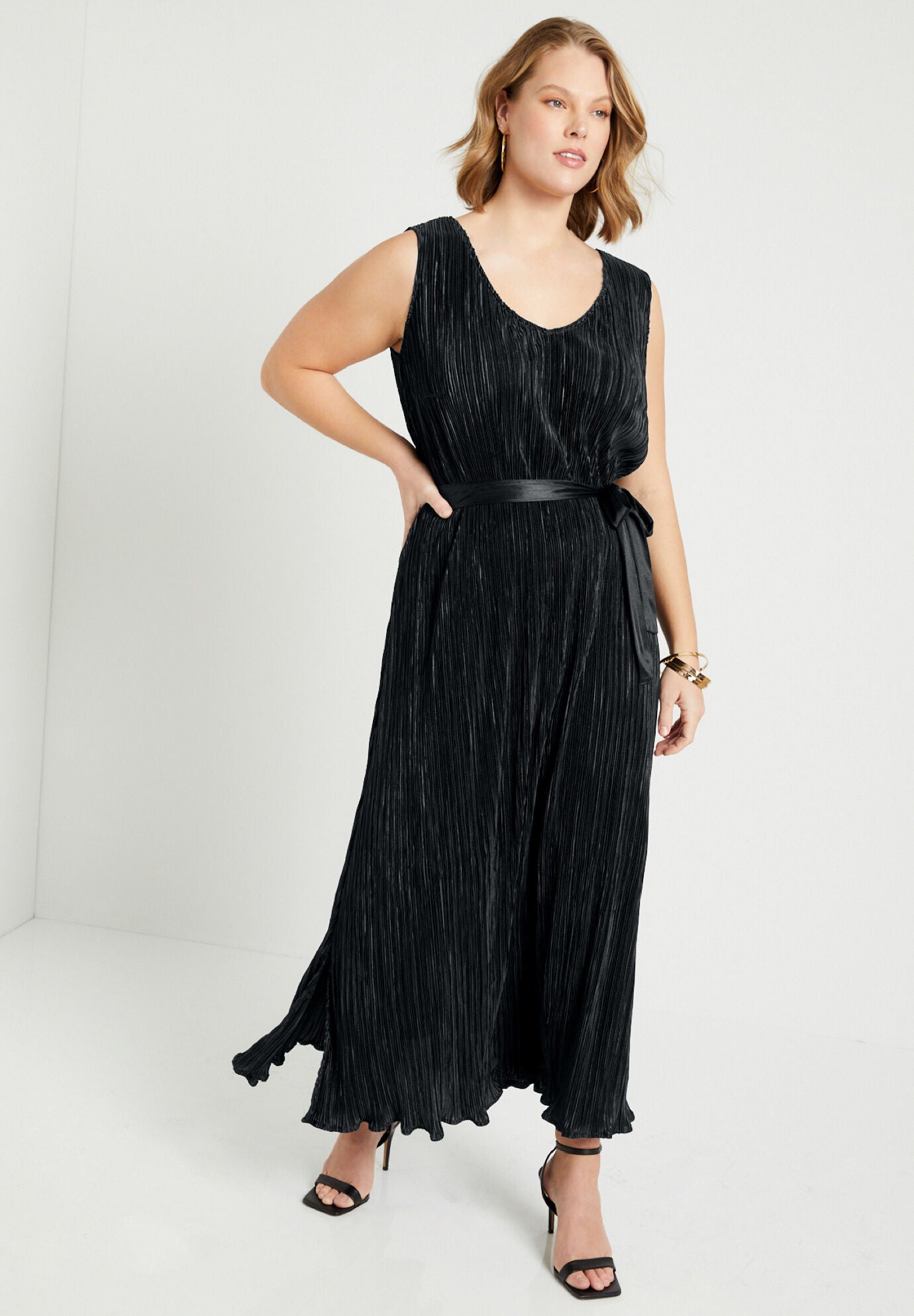 Plisse Midi Dress, BLACK, hi-res image number 0