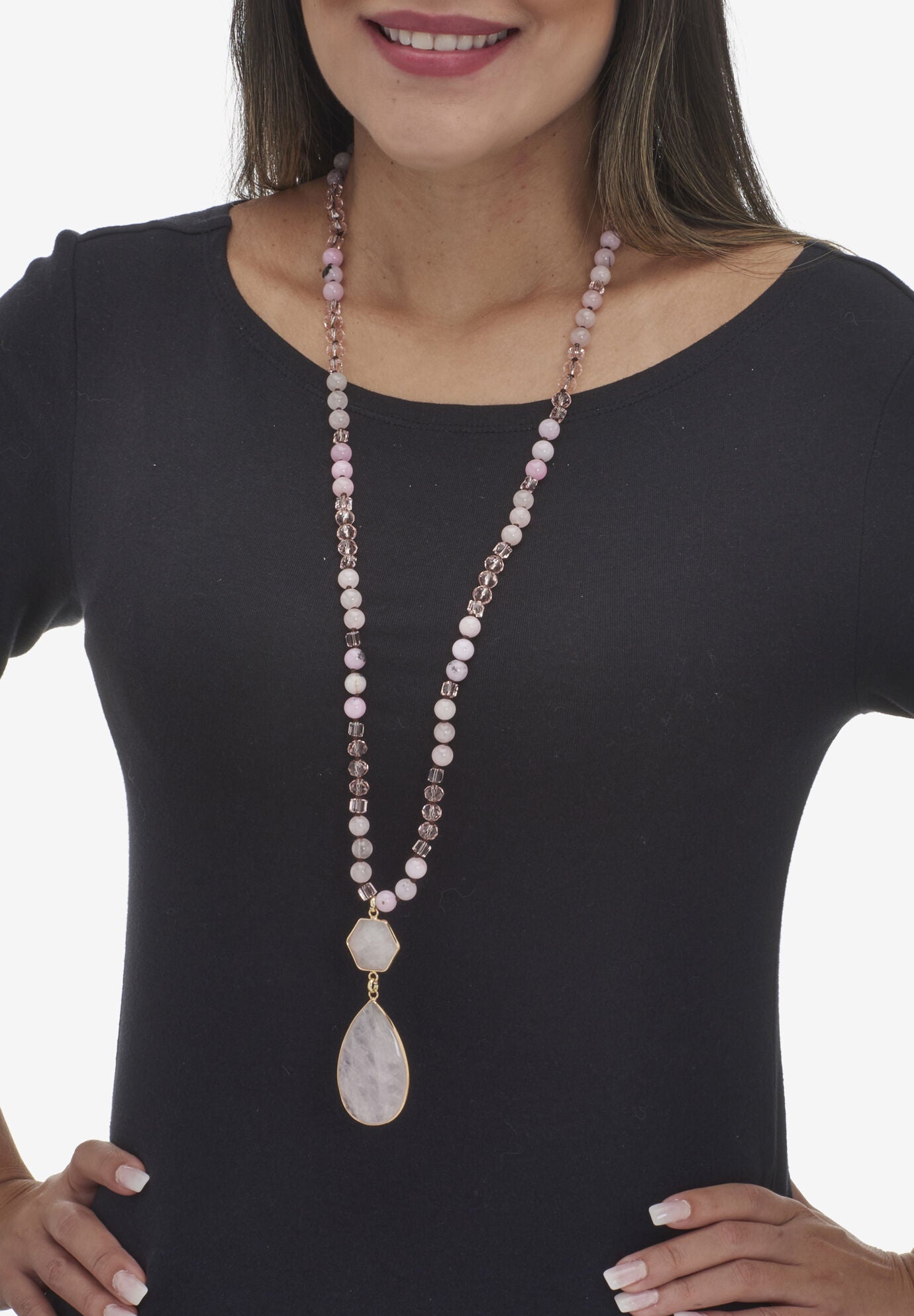 130.05 Tcw Genuine Rose Quartz Beaded Goldtone Drop Necklace 34-Inch, , alternate image number 2