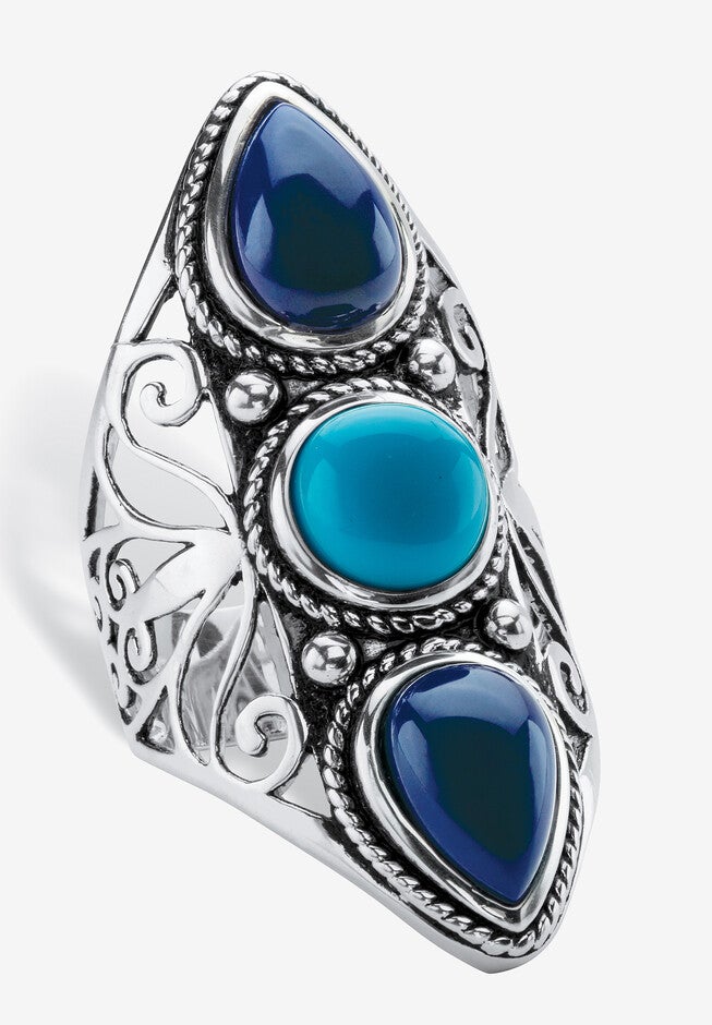 Simulated Turquoise And Sapphire Antiqued .925 Silver Boho Scroll Ring Jewelry, TURQUOISE, hi-res image number null