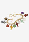 Genuine Agate Gold Tone Cross and Heart Charm Bracelet plus 1/2" Extender, GOLD, hi-res image number null