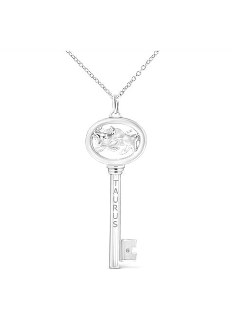 Sterling Silver Diamond Accent Taurus Zodiac Key Pendant Necklace, WHITE, hi-res image number null