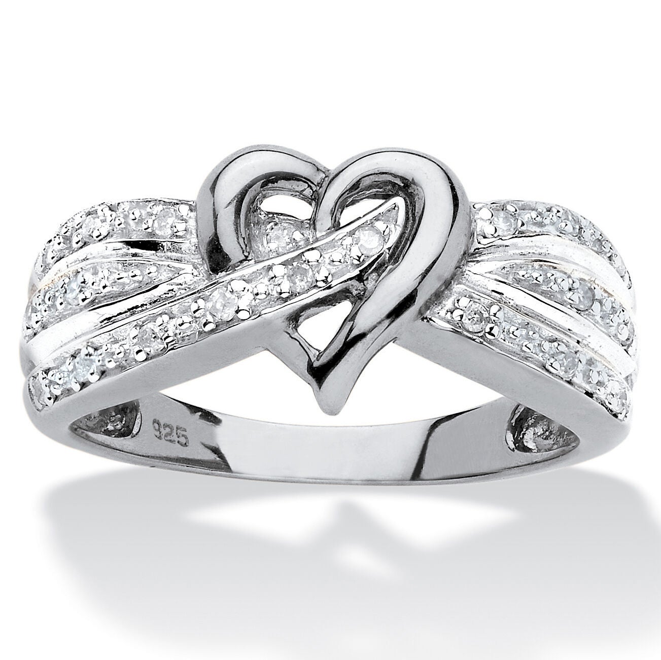 1/10 TCW Diamond Crossover Heart Ring in Platinum-plated Sterling Silver, WHITE, hi-res image number 0