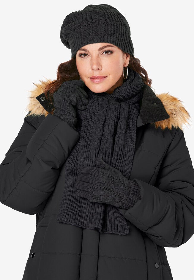 Cable Knit Gloves, BLACK, hi-res image number null
