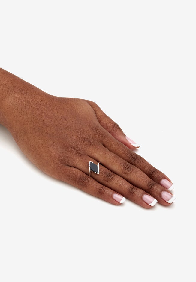 Marquise-Shaped Genuine Onyx .925 Sterling Silver Classic Ring, , alternate image number null