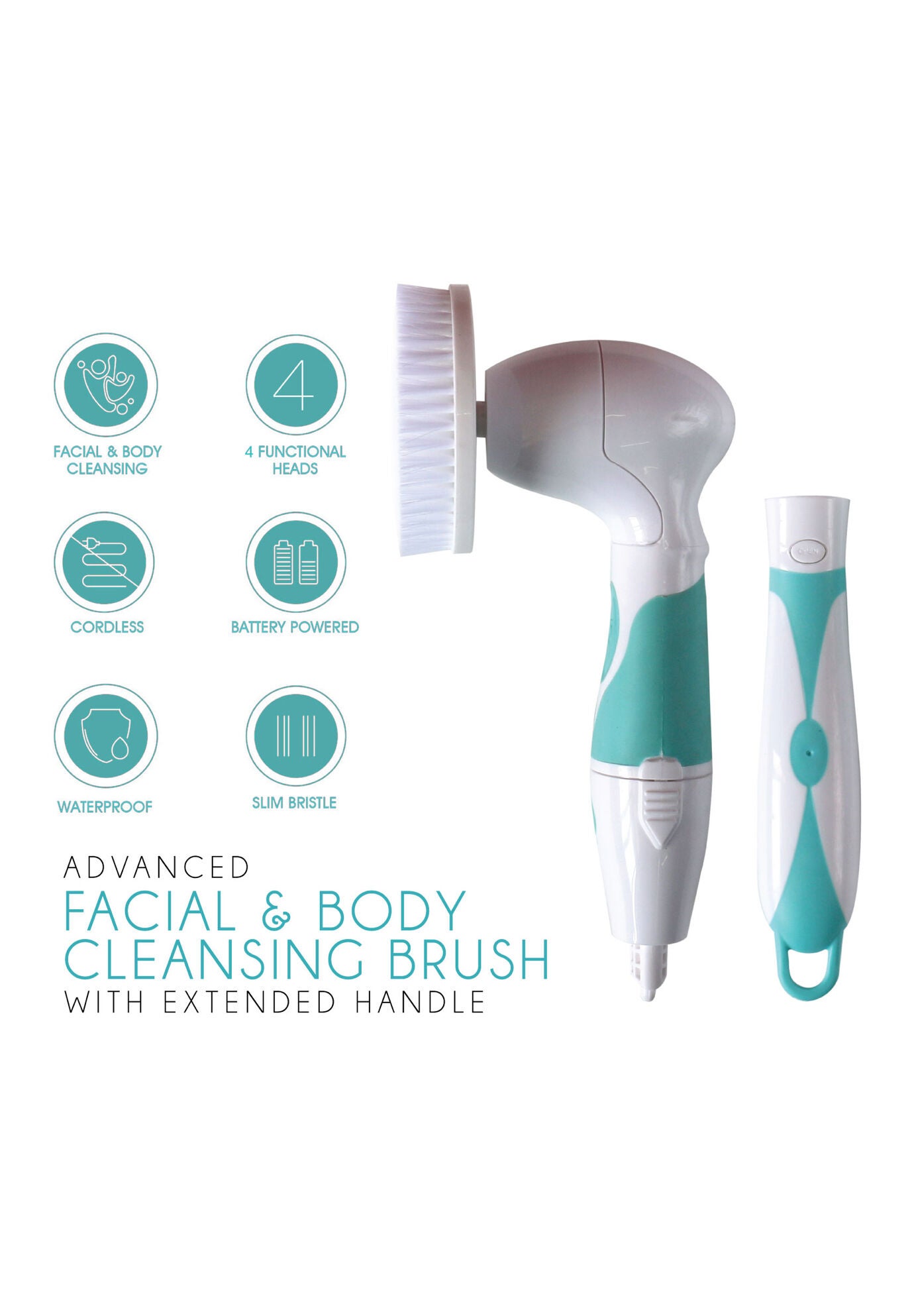 Waterproof Facial & Body Cleansing Brush With Extended Handle, , on-hover image number 1