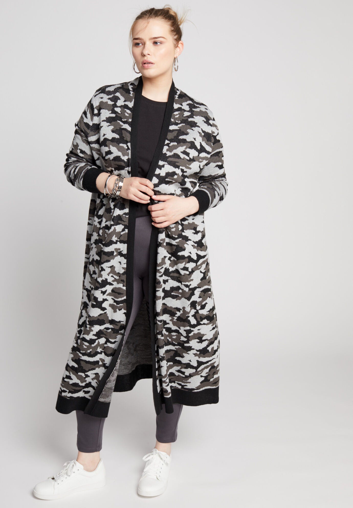 Open Front Cardigan Duster, BLACK CAMO, hi-res image number 0