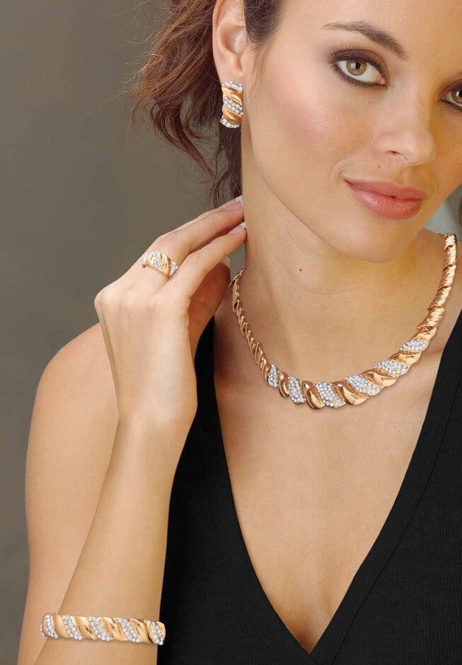 Crystal Goldtone S Link Necklace, Earring & Bracelet Bonus Ring Set 19 inches-21 inches Jewelry, , alternate image number null